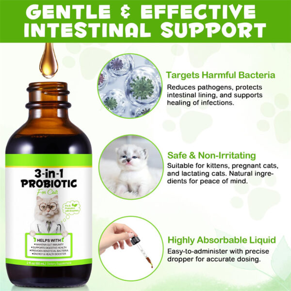 Probiotics for Cats – 3-in-1 Liquid Drops | Gut Immunity, Digestive Health & Energy | 60ml