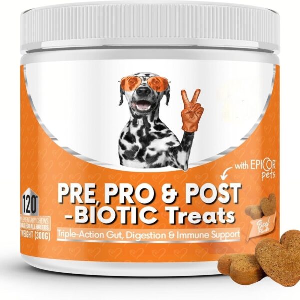 Best Prebiotic and Probiotic for Dogs – Pre, Pro & Postbiotic Triple-Action Treats | Beef Flavor | 120 Chews