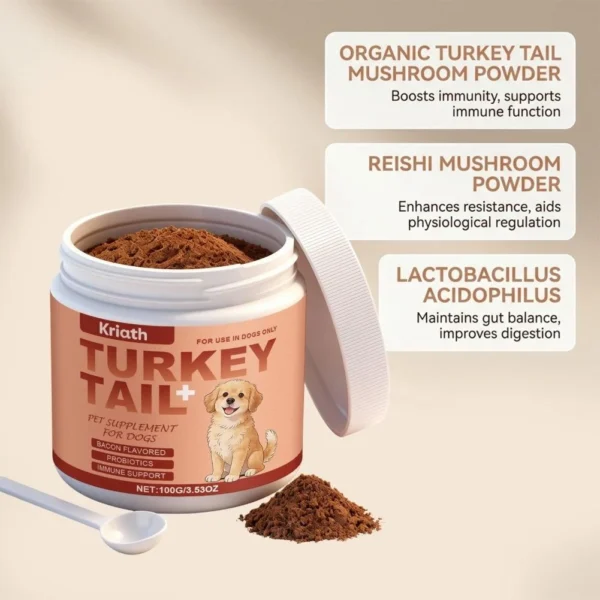 Kriath Turkey Tail+ – Turkey Tail Mushroom for Dogs with Probiotics | Bacon Flavored | 100g